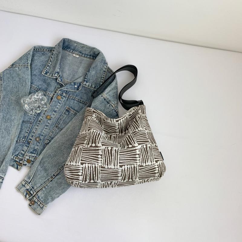 Cloth bag 2025 autumn new large-capacity canvas high-value plaid wide shoulder strap single shoulder messenger tote bag