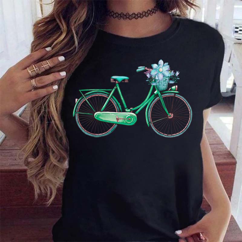 Woman Funny Bicycle Floral Print T Shirt Harajuku Women Tshirts Casual O-Neck Short Sleeves Tops Tees Shirt,Drop Shipping