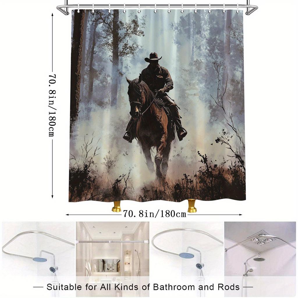 Western Cowboy Shower Curtain - Lone Rider in Misty Forest, Rustic Cabin & Faux Leather Vest, Digital Art, Polyester