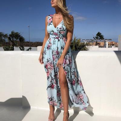 2025 New Spring Summer Printed Chiffon Dress Sleeveless Vacation Beach Slit Long Dress
