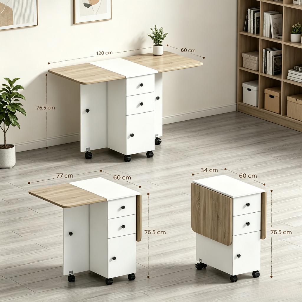 Folding Dining Table / Kitchen Table with 2 Fold-down Tabletops, 2 Drawers and 1 Cabinet (only with 1pc dining table)