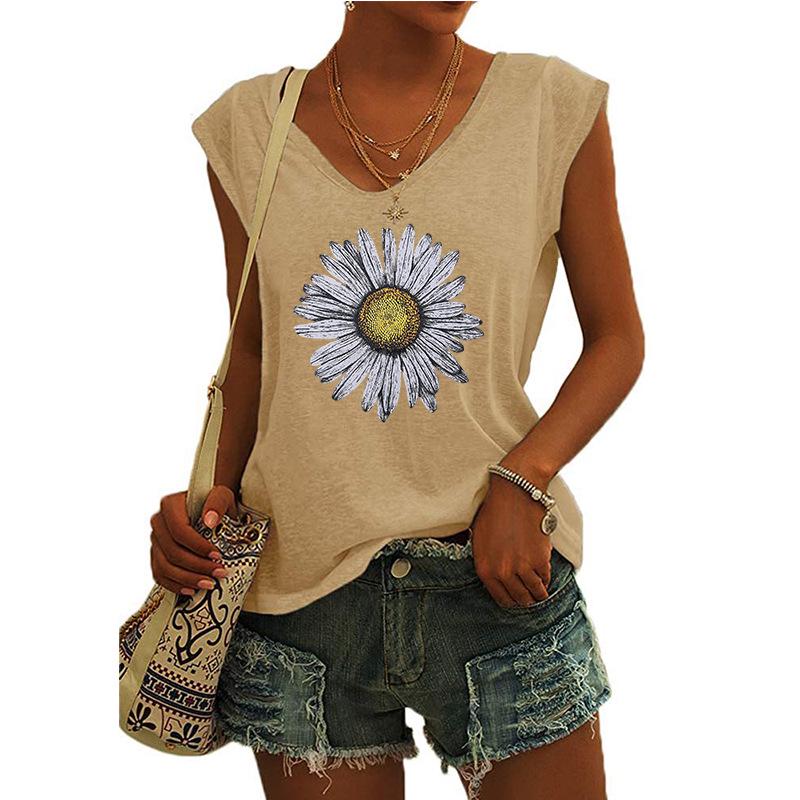 2023 Trendy Women's V-neck Print Cap Sleeve Loose T-shirt Top