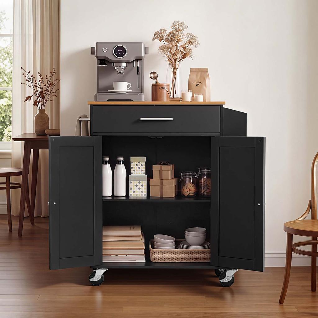 VEVOR Carrello Isola Cucina con Contenitore, Largo 795 mm Isola Mobile con Ruote Girevoli, con Cassetto, Armadietto, Porta Spezie/Porta Asciugamani