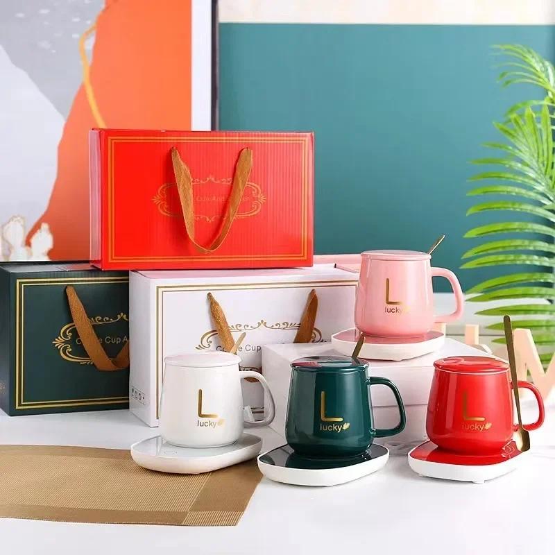 Christmas Gift Box 55 ℃ Thermostatic Cup with Lid Ceramic Cup with Spoon Coffee Cup Portable Meal for Office or Home Use