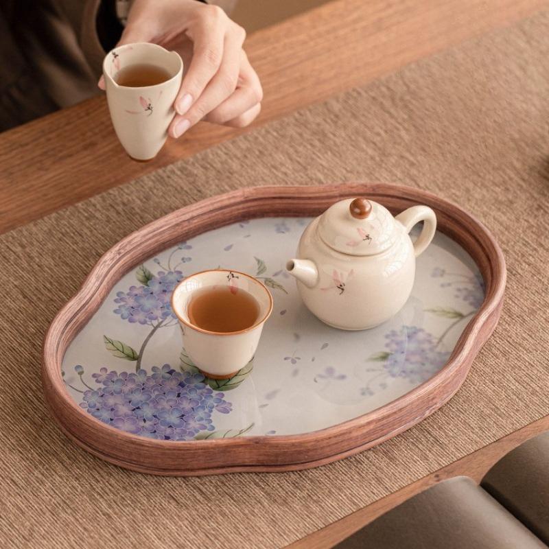 Bambus und Holz Teetablett Hausgebrauch Chinesisch Vintage Hortensie Glasschale Teegeschirr Aufbewahrungsschale