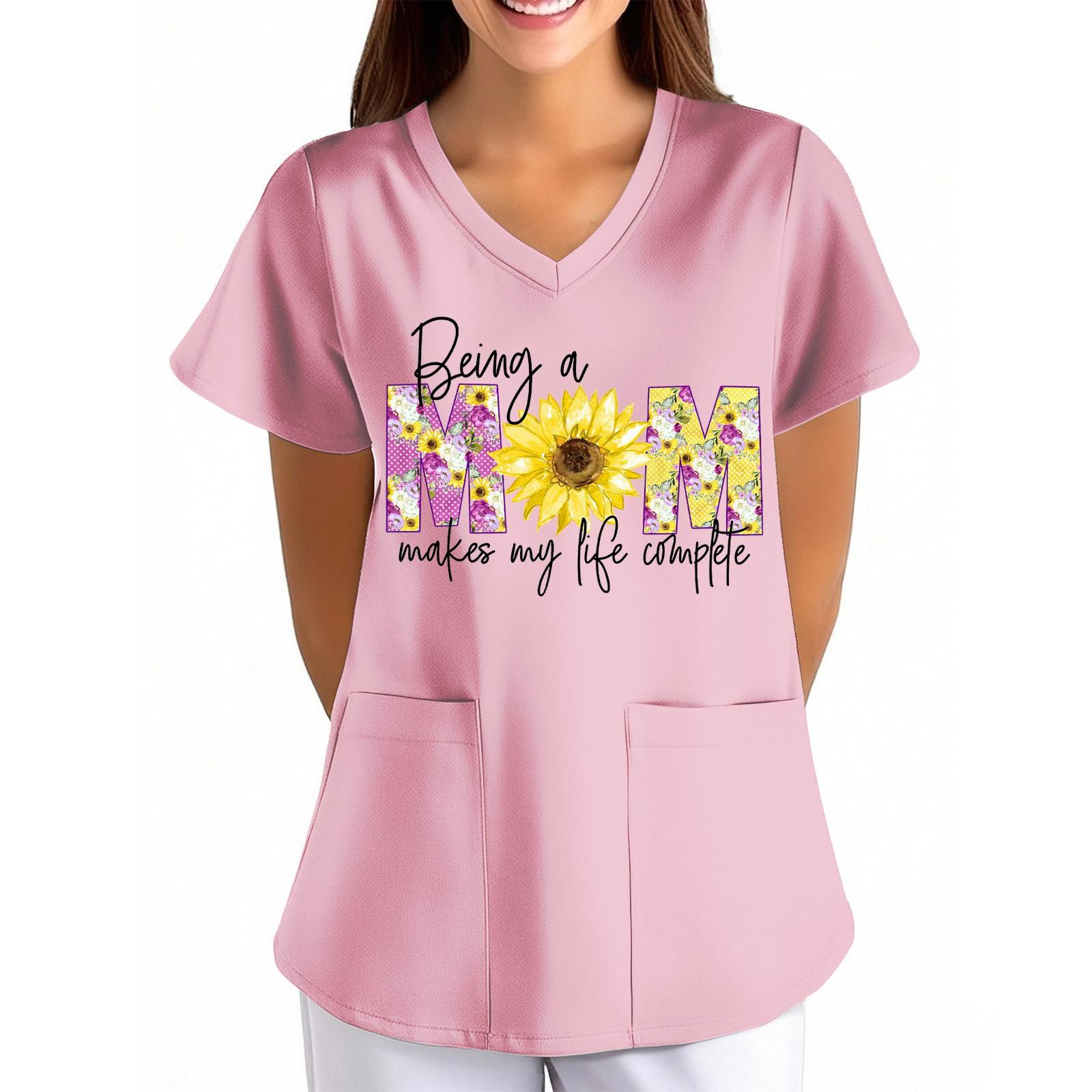 

Женская униформа с принтом ко Дню матери, свободная, с V-образным вырезом, карманом и коротким рукавомУниформа XL