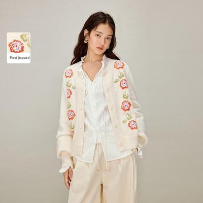 INMAN Women's Retro Floral Jacquard Knit Cardigan
