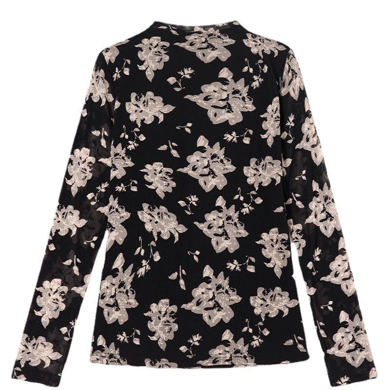 Mesh Base Blouse for Autumn Latest Printed Half Turtle Neck Large Size Long-sleeved T-shirt Womens Top