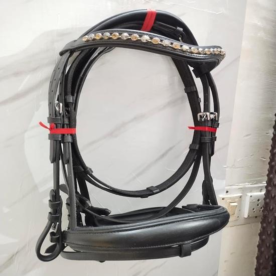 Horse Bridle Black & Golden Stone Crystal Browband Black Padding Dressage Bridle.