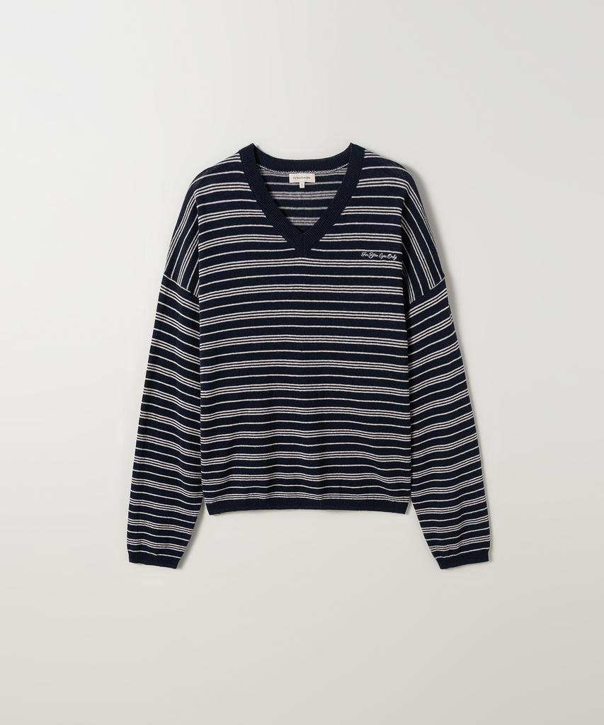 Poyueoaijeuonli If Stripe V-Neck Knit (Navy)