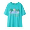 New American Retro Water Blue Cotton Coconut Tree Short Sleeve Unisexs Tshirt Loose Summer Top Street Style Round Neck