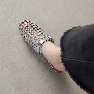 Moda 2025 Nuevas Sandalias de Verano Tejidas Cubre Dedos Sandalias de Moda Mules de Malla Zapatos de Mujer Tacón Bajo Zapatos de Mujer Zapatillas Modernas Plata
