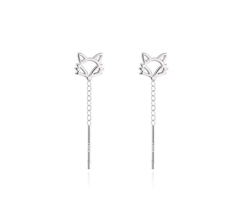 999 Sterling Silver Fox Ear Thread High-End Tassel Dangle Earrings for Women