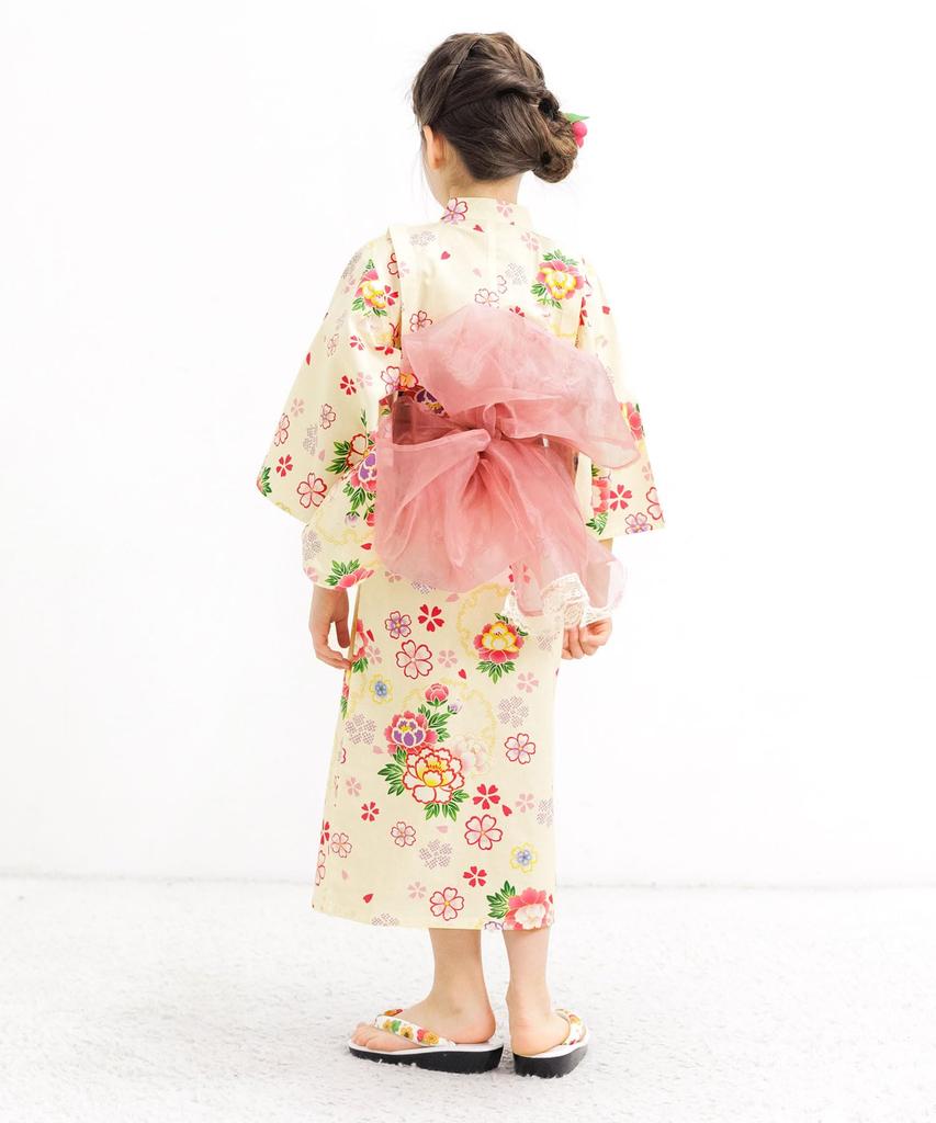 Bee Yukata Set for Fireworks Say00004 Ivory X Cherry Blossom [Bee] 3-piece Girls, Kids, Summer, Striped, Lattice, Goldfish, Ruched, Easy, Festival,