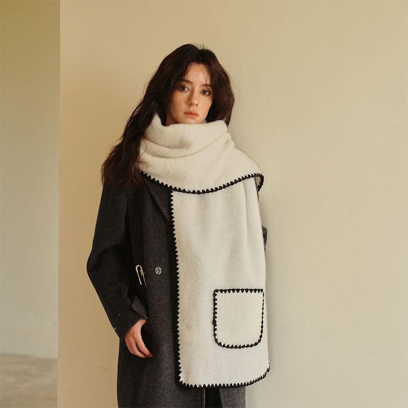 Yiran Shoe Industry Women's Luxury Winter Wool Blend Scarf Solid Pashmina Shawl With Pocket Warm Handkerchief Tassel Wrap Soft Pareo Bufanda Scarves 190Cm