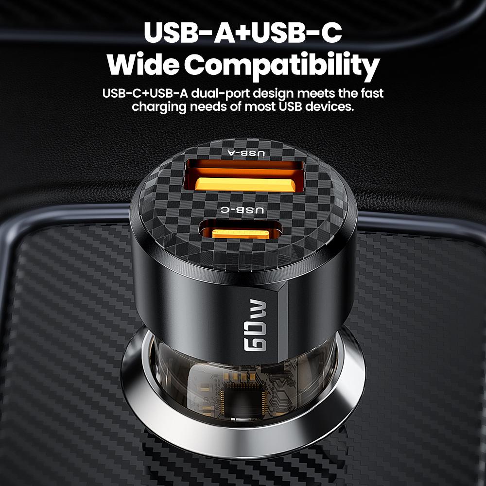 TOOCKI TQ-CC25A Car Charger 60W Dual Port USB-A and USB-C Fast Charging Adapter For Vehicle Use