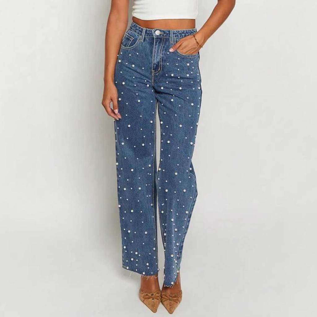 European & American Beaded Frayed Wide-Leg Cowboy Pants