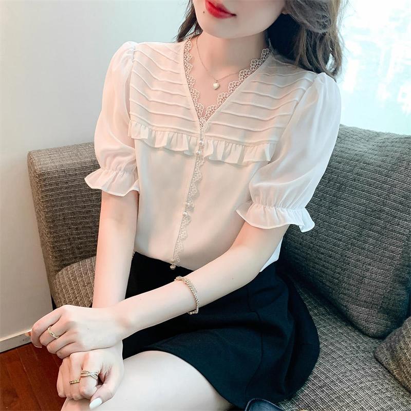 Women's Clothing Summer Fashion Ruffle Lace Patchwork Blouse Elegant Sweet Chic Shirt Casual Solid V Neck Short Sleeve Tops
