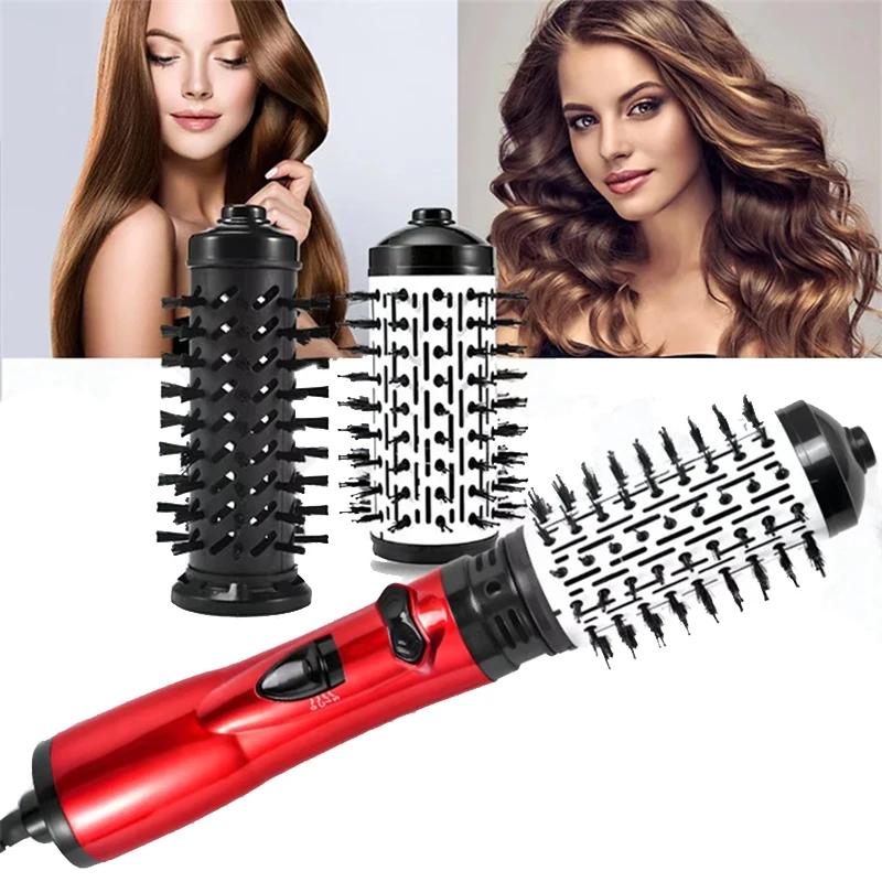 2 Replaceable Head 360 Rotating AirFlow Hot Air Brush Hair Straightener Curler Iron Volumizer Blowers Electric Hair Dryer Comb