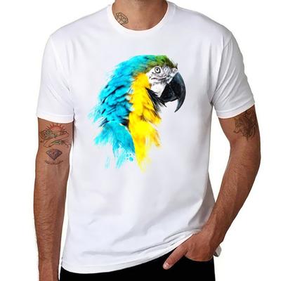 Dramabite Watercolour Blue Yellow Macaw Parrot T-Shirt Cotton T Shirt Man Man T Shirts Cotton T-Shirt