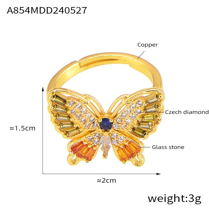 Stylish 18K Gold-Plated Rhinestone Butterfly Open Ring in Multiple Colors Size 7