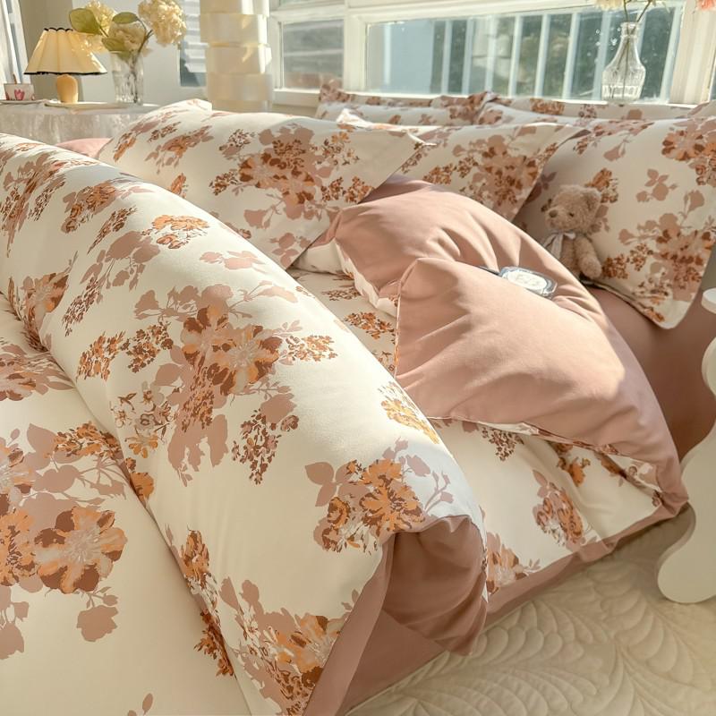Romantisches Elegantes Bettwäsche-Set Weicher Schicker Blumenblüten-Druck Bettbezug Hautfreundliches Bettlaken Kissenbezüge 4 Teile Einzel Doppel König