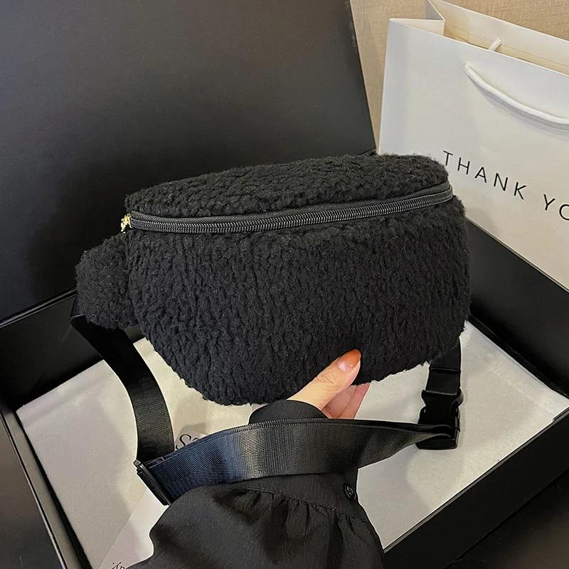 Winter Pluche Taille Tas Rits Borsttas Vrouw Heuptas Mode Bont Fanny Pack Telefoon Portemonnee Casual Dames Schouder Crossbody Tassen black