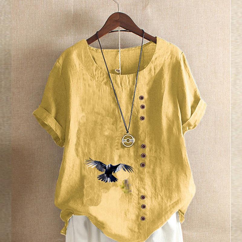 Women's Fashion Eagle Prined Round Neck Short Sleeve T-shirt Casual Cotton Linen Graphic Shirt Leisure Loose Summer Blouse Tops