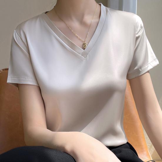Women Summer Top V-neck Solid Color Soft Comfortable Short Sleeves Daily Wear Pullover OL Commute Satin Women T-shirt Female Clothes