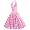 Women’s Strappy, Sexy deep-V Neckline Pink Checked Vintage Dress