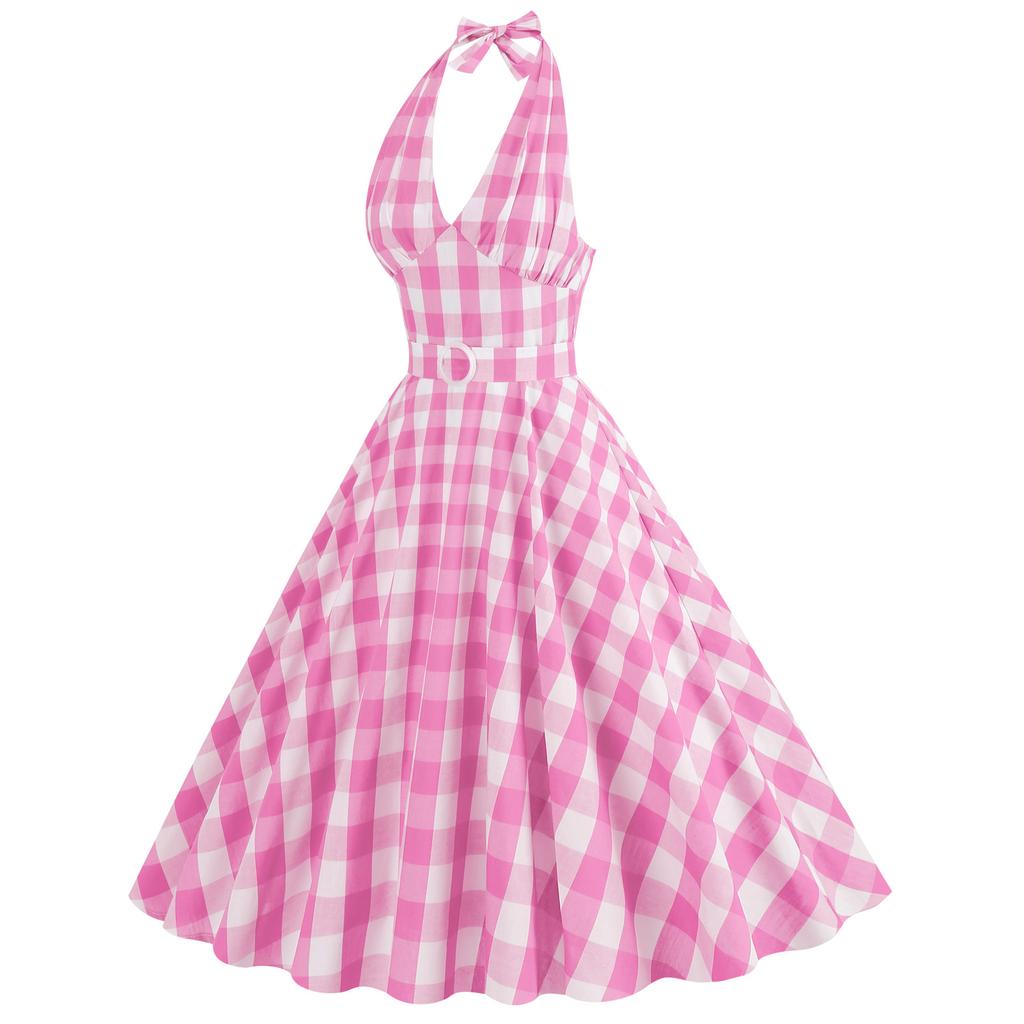 Women’s Strappy, Sexy deep-V Neckline Pink Checked Vintage Dress