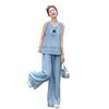 Wear blue super good-looking polka dot sleeveless top wide-leg pants set two-piece female summer