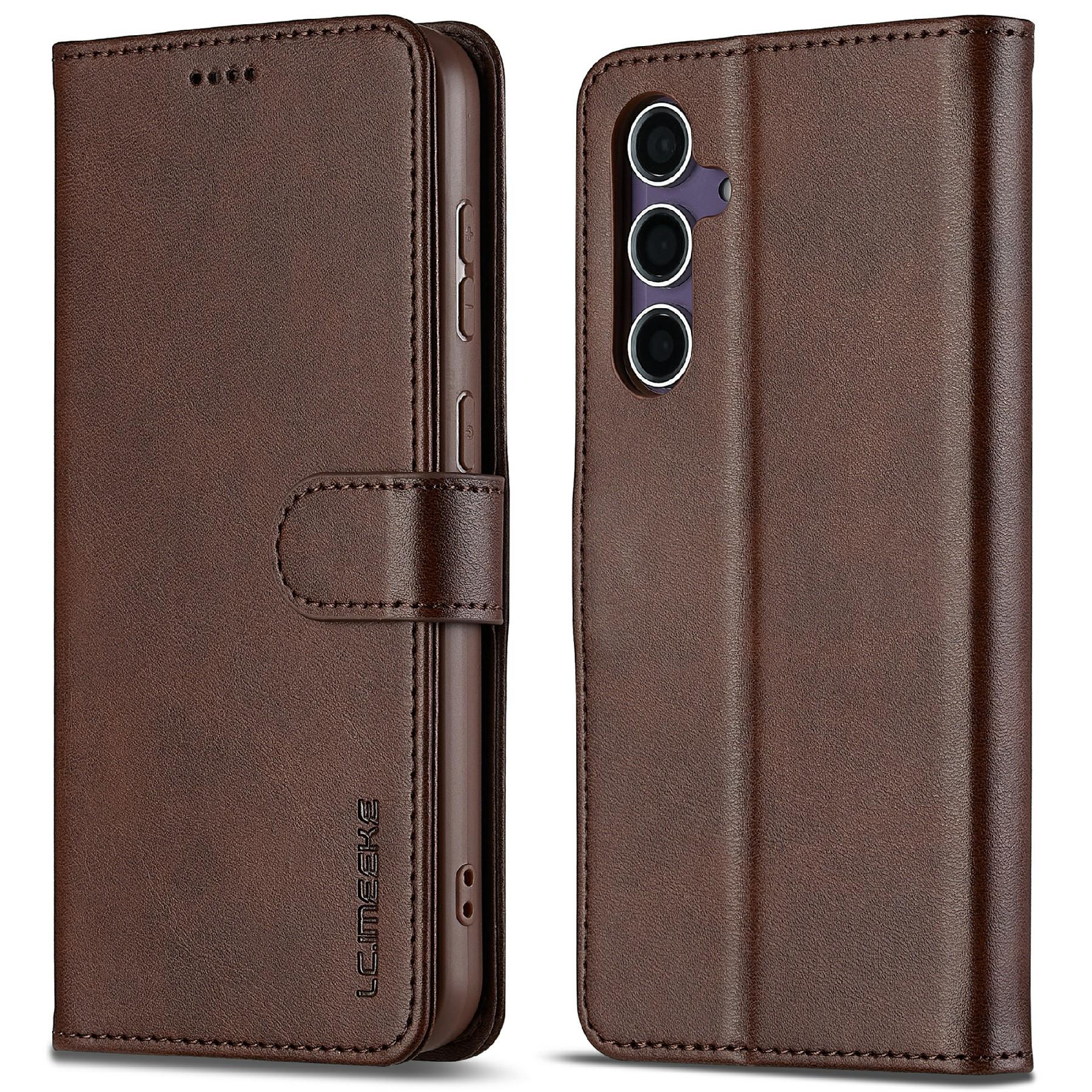 

LC.IMEEKE For Samsung Galaxy S25 Case Calf Texture PU Leather Stand Wallet Phone Cover Brown