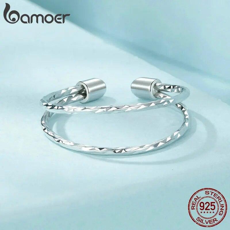 Bamoer Vícevrstvý prsten ze stříbra 925 pro ženy, otevřený nastavitelný široký prsten pro dospívající dívky Módní šperky
