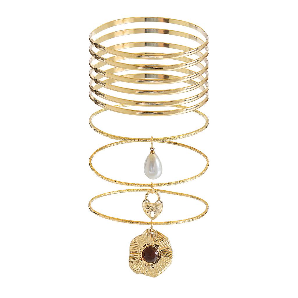 Light Luxury Gold Bracelet 9-Piece Set, High-End Flower Pearl Heart Lock Pendant Fashion Layering Stacking Hand Jewelry