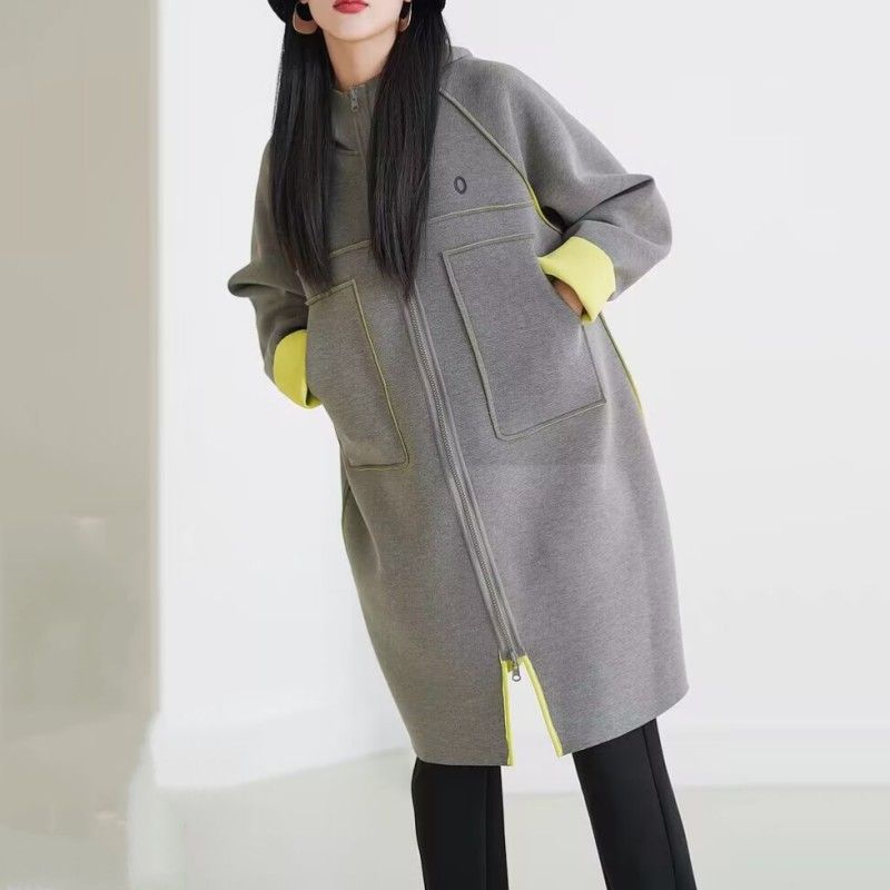 

2025 Spring & Fall New Arrival Double-Sided Wearable Liquid Cotton Hooded Coat Women s Casual Sports Style Mid Length Long Length Sweatshirt Outwear Grey + Yellow 2XL(82.50 kg-92.50 kg)