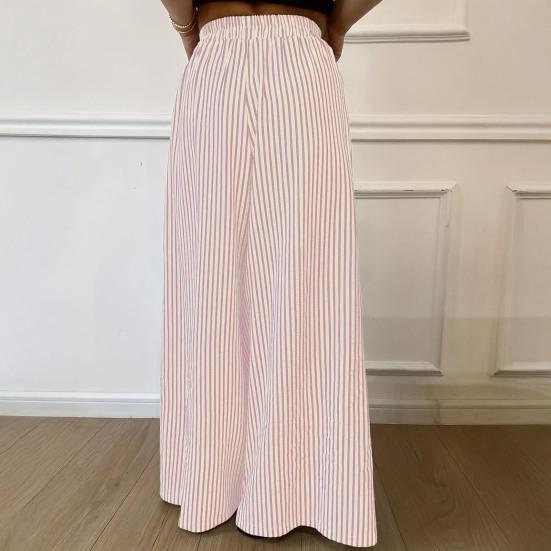 Women Pants with Pockets, Casual Wide Leg Trousers with Elastic Waist, Loose Fit Striped Print Pants for Everyday Wear