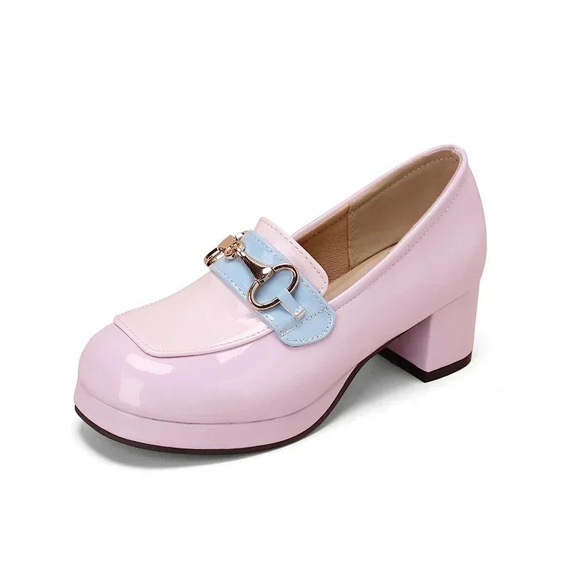 Fashion Luxury Designer Leather Women Pumps Chunky Platform Mules Shoes for Women Cute Lolita Style Tide Golden Buckle Mary Jane Shoes