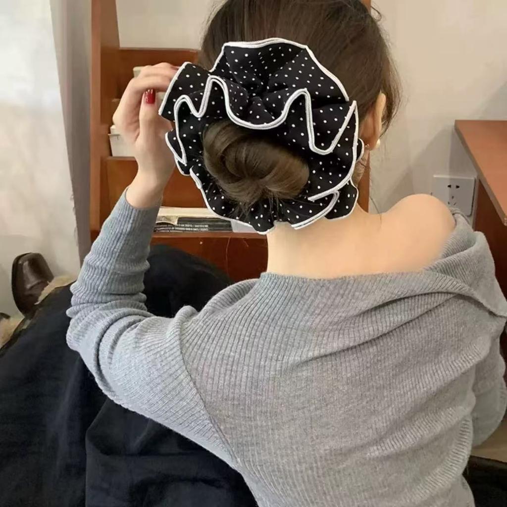 1pc Black and White Polka Dots Four-layer Pleated Large Intestine Hair Ring,simple and Elegant Head Flower Tied Ponytail and Bun