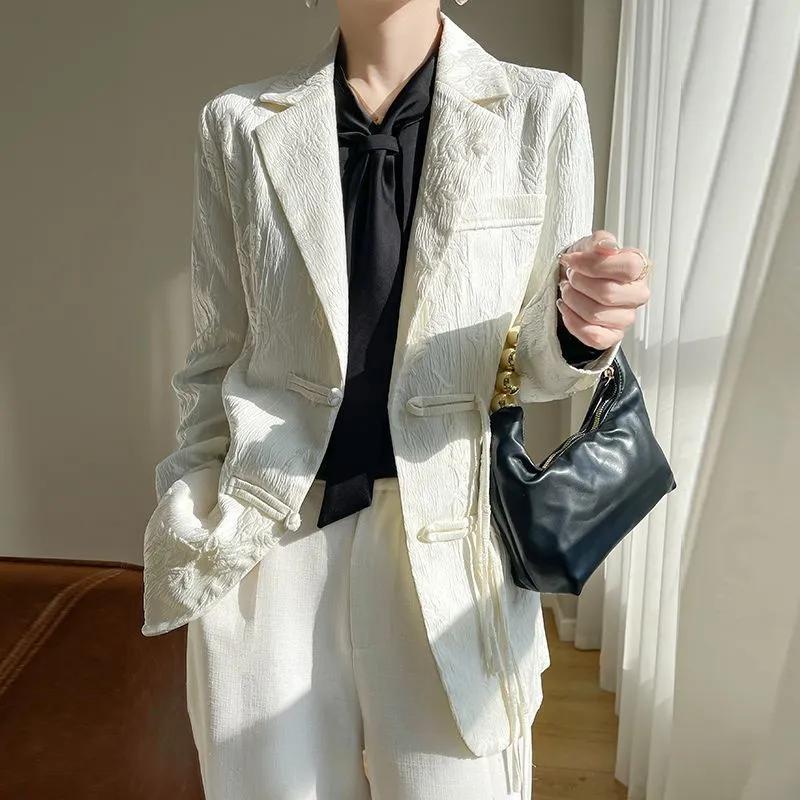 Women White Textured Drawstring Waist Blazer M