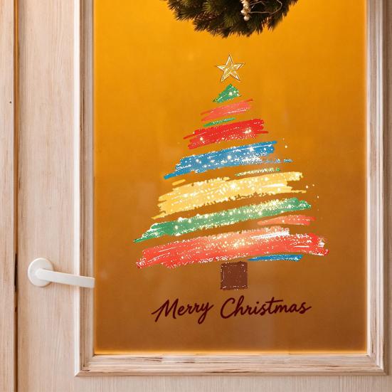 Christmas Tree Wall Stickers Hand-painted Colorful Static Glass Sticker, Removable PVC Window Cling, Holiday Reusable Decals for Home And