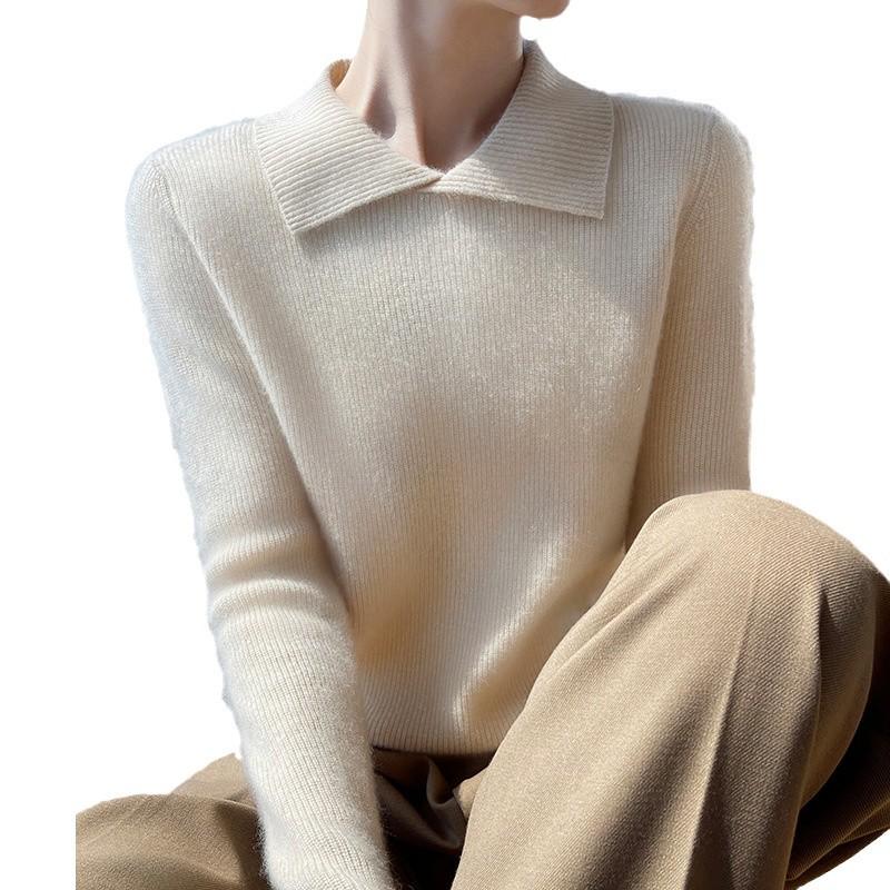 2024 Women's Solid Color Wool Knit Sweater - Autumn/Winter, Round Neck, Soft, Simple, Stylish Lapel Knitwear