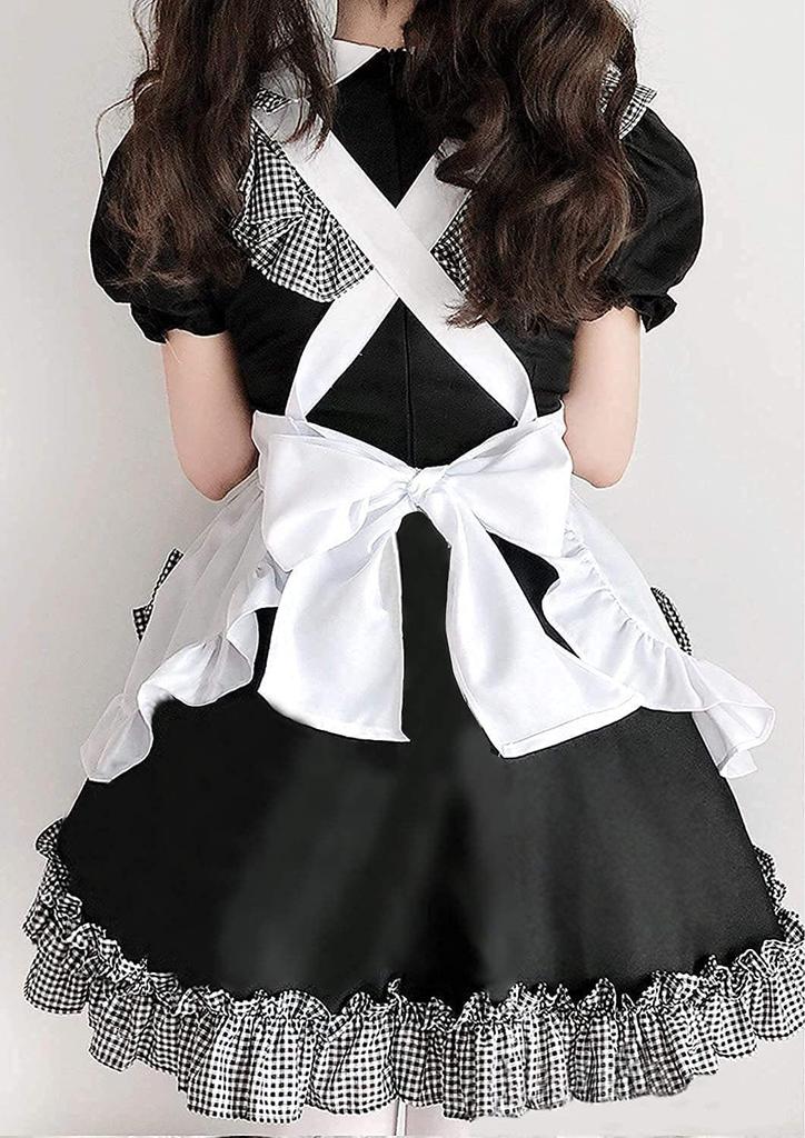 JUNDOMECY Cute Checkered Maid Plus Size Maid Short Black and Photo School Party Costume, High-Quality Set, Small, Cosplay, Sleeves, Ruffles, White,