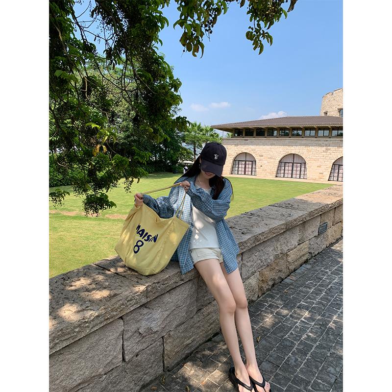 Lazy Wind Casual Blue Plaid Shirt Women's Early Autumn New Loose and Versatile Long-sleeved Sunscreen Jacket Top