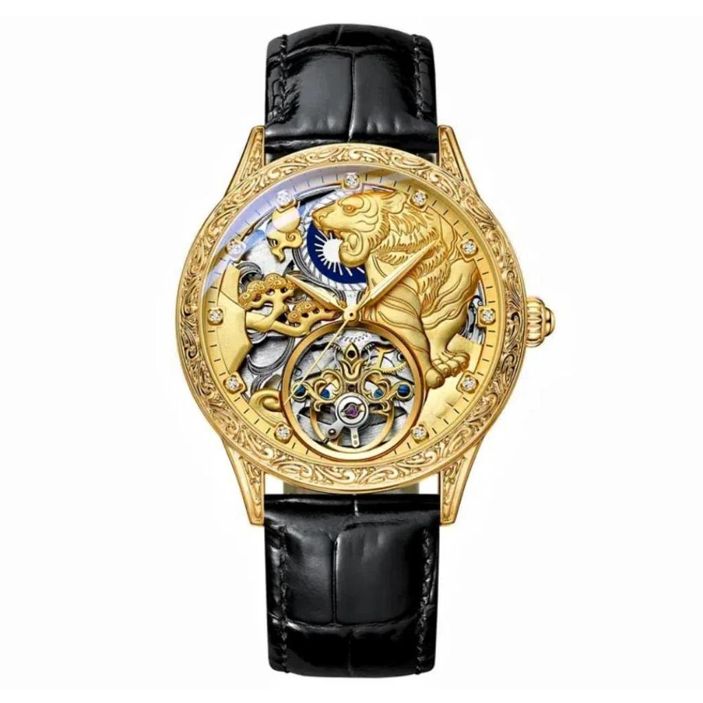 Chenxi Vintage-Armbanduhr mit Lederband, Luxus-Tourbillon, mechanische Uhr für Herren, wunderschöne, ausgehöhlte Skelettmuster, geschnitzte Automatikuhren