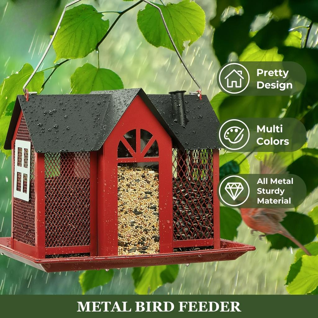 Vibrant Red Metal Bird Feeder House - Triple Feeding Station with Weather-Resistant Design, Attracts Cardinals, Sparrows
