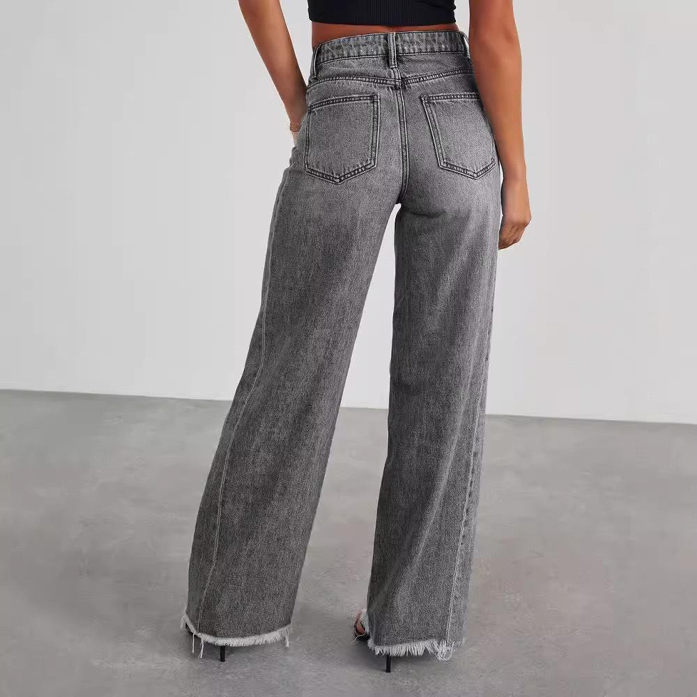 Neue Damen Vintage Gewaschene Gerade Bein Jeans, Lockere Passform Breite Beine Bodenlange Denim Hosen für Lässige Streetwear