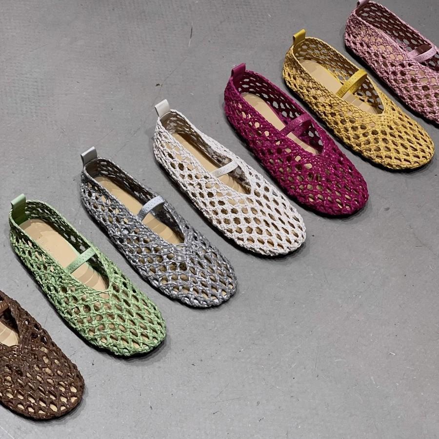 Sheepskin version~ round head hollow woven retro flat shoes women's sandals one-word fishing net shoes breathable shallow mouth single shoes