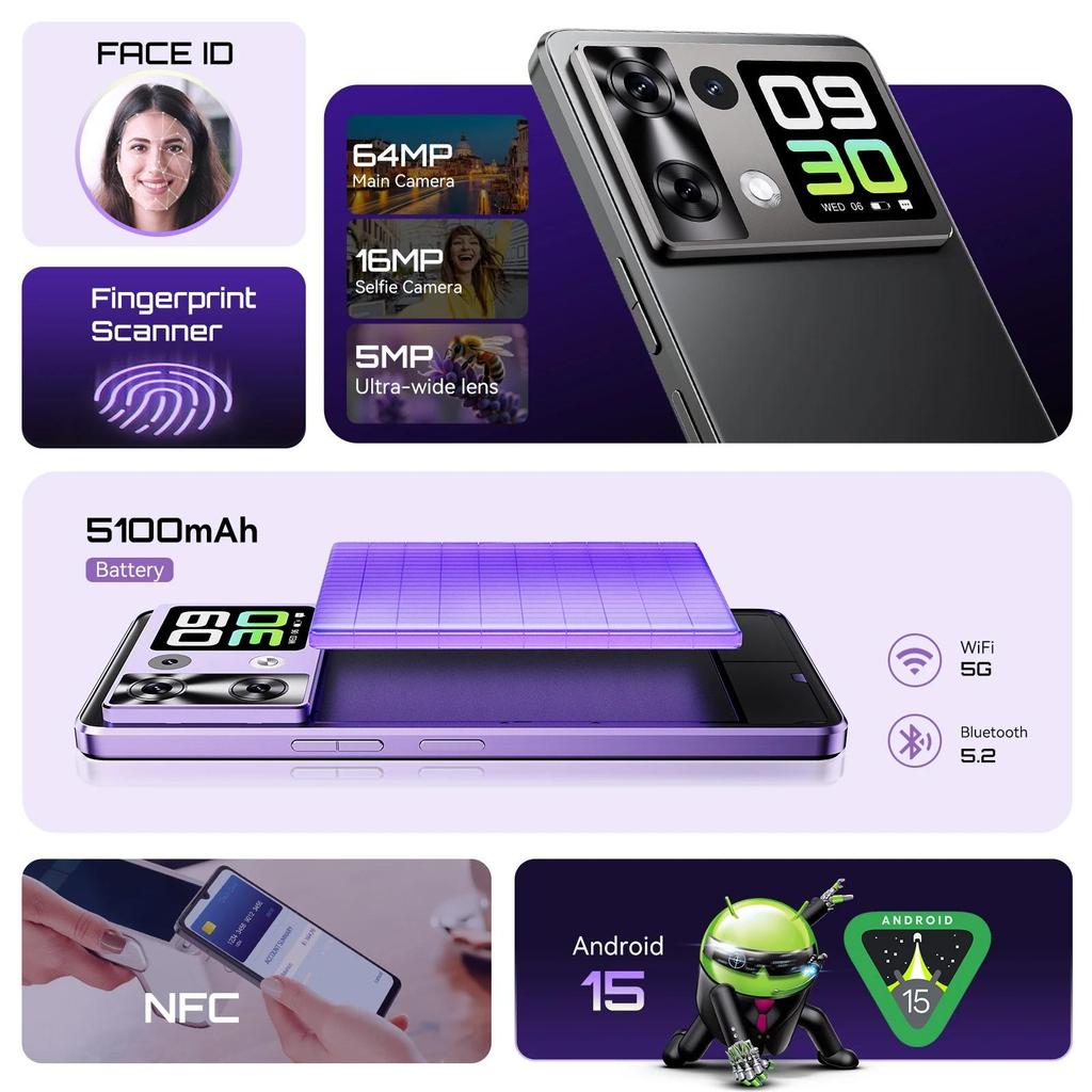 Cubot P90, Smartfon z Androidem 15, 6,88-calowy ekran 120 Hz, 12 GB RAM + 256 GB ROM, MTK Helio G100 ośmiordzeniowy, 2,2 GHz, 64 MP, 5100 mAh, NFC, telefon 4G