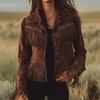 Womens Suede Short Cropped Jacket With Fringe Trim Turn-Down Collar Waist Belt Slim Fit Winter
